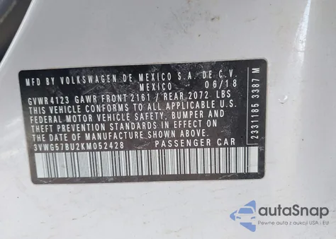 2019 Volkswagen Jetta 1.4T Sel Premium из США, поврежденный, VIN 3VWG57BU2KM052428